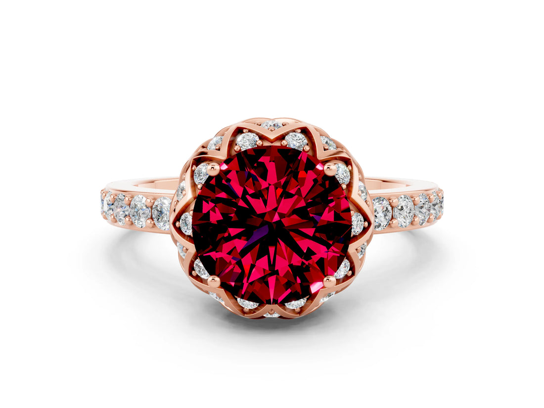 Rose gold Round Cut Garnet Scalloped Halo Engagement Ring with Round Shared Prong Band_24