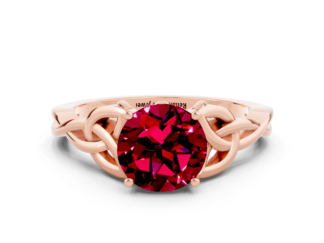 Rose gold Round Cut Garnet Solitaire Celtic Knot Ring with Four-Prong Setting_12