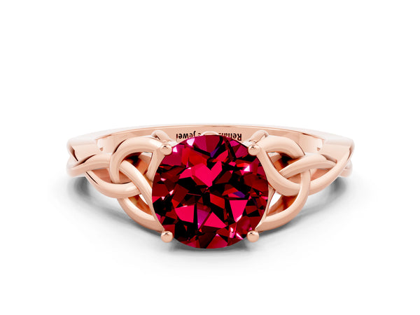 Rose gold Round Cut Garnet Solitaire Celtic Knot Ring with Four-Prong Setting