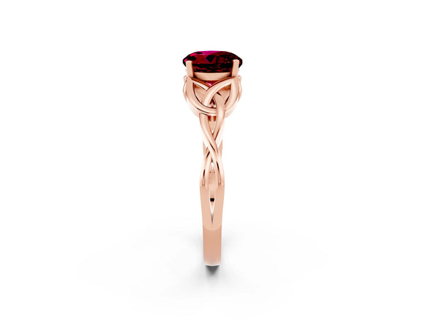 Rose gold Round Cut Garnet Solitaire Celtic Knot Ring with Four-Prong Setting