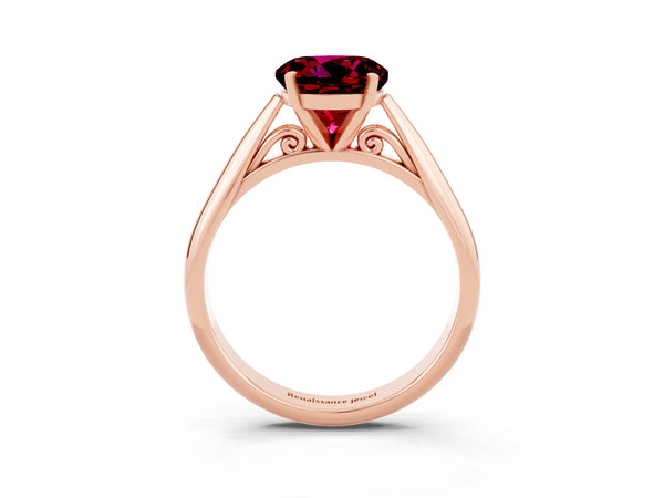 Rose gold Round Cut Garnet Solitaire Engagement Ring with Cathedral Setting and Four-Prong Mount