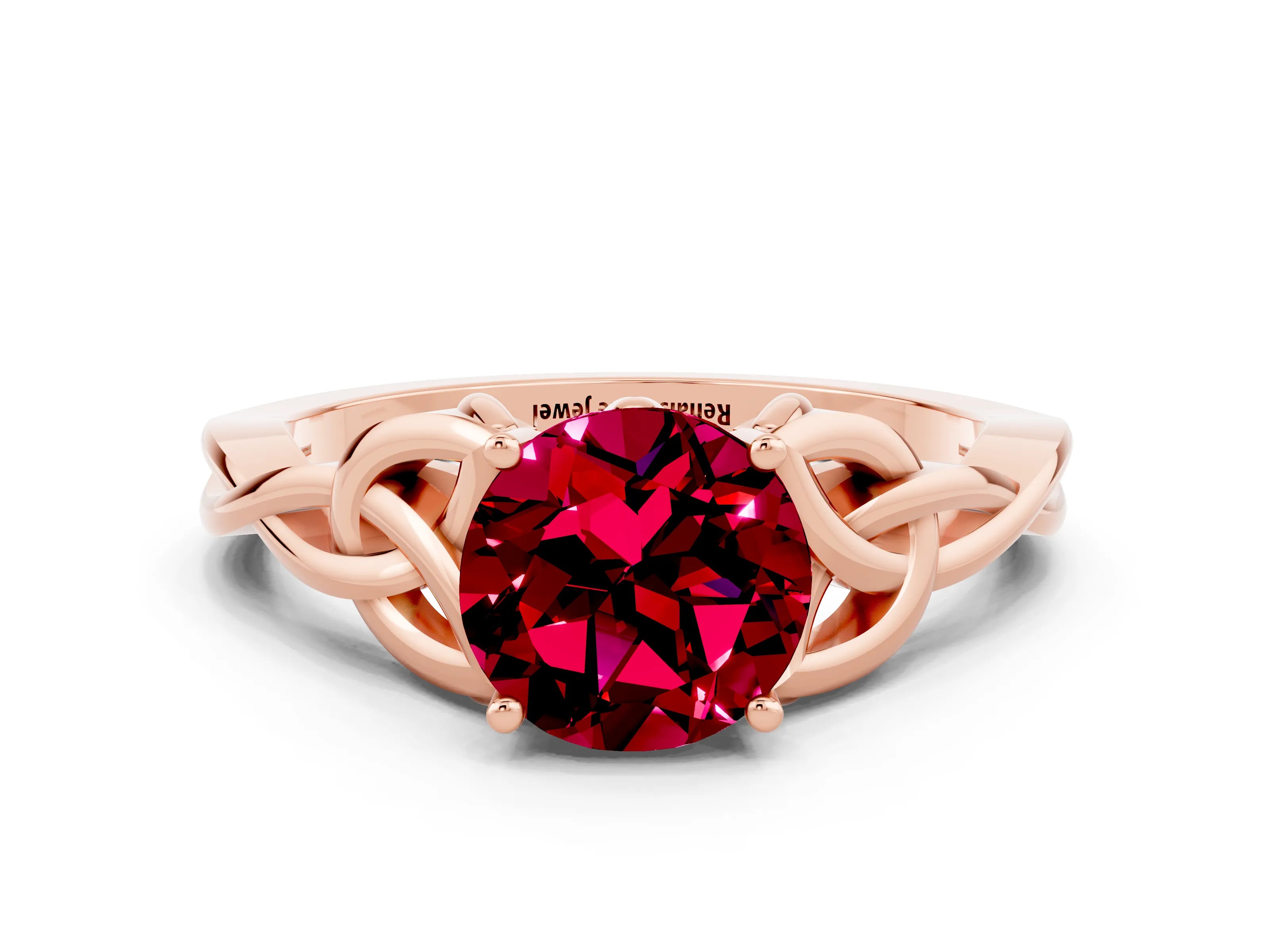 Rose gold Round Cut Garnet Solitaire Engagement Ring with Celtic Knot Band and Four-Prong Setting