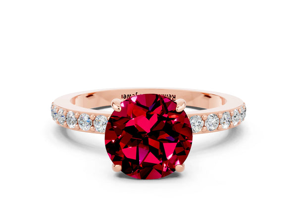 Rose gold Round Cut Garnet Solitaire Engagement Ring with Pavé Band and Four-Prong Setting