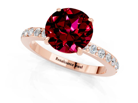 Rose gold Round Cut Garnet Solitaire Engagement Ring with Pavé Band and Four-Prong Setting_1
