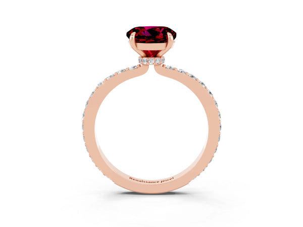 Rose gold Round Cut Garnet Solitaire Engagement Ring with Pavé Band and Four-Prong Setting