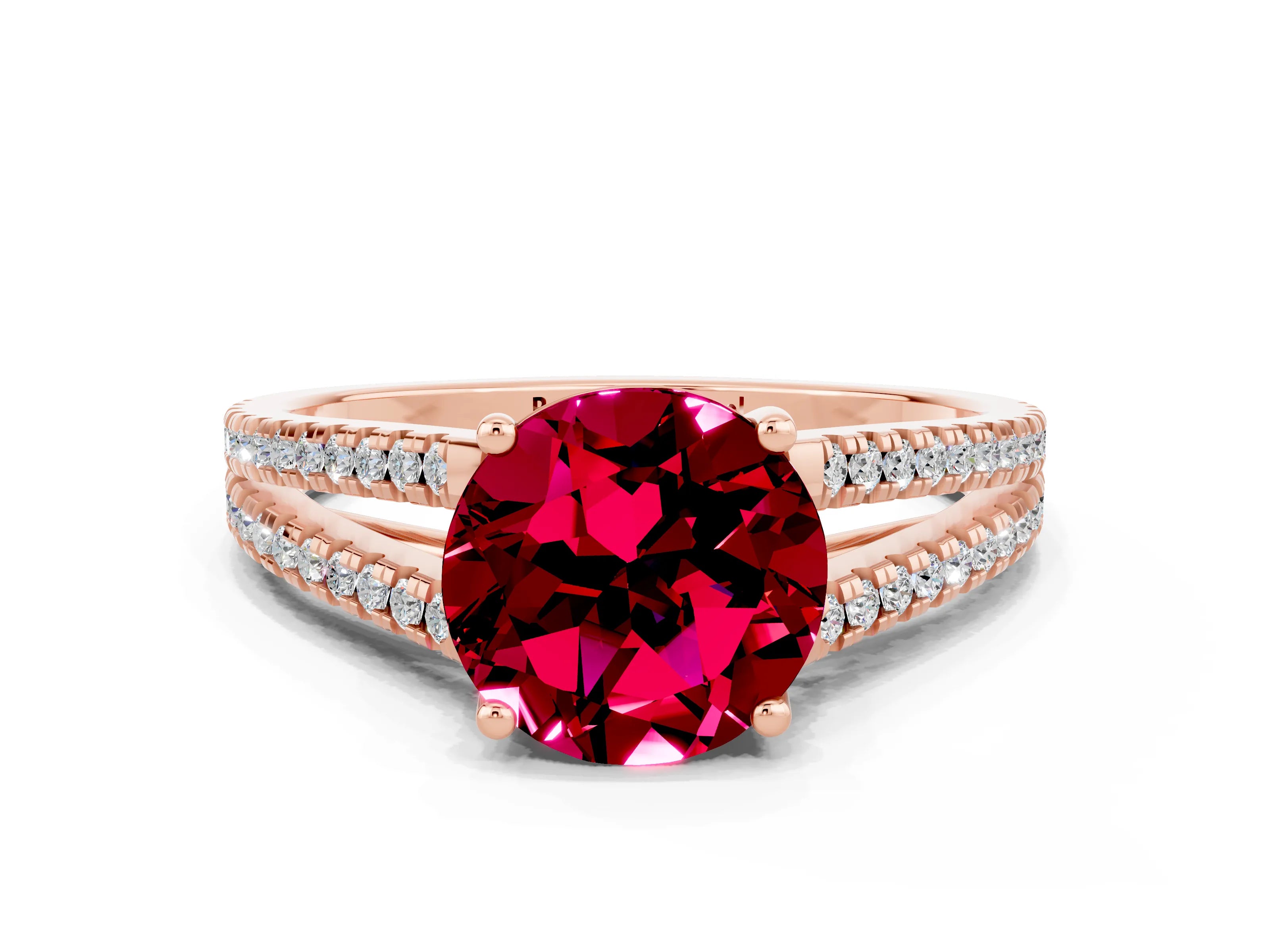 Rose gold Round Cut Garnet Solitaire Engagement Ring with Split Shank Pavé Band