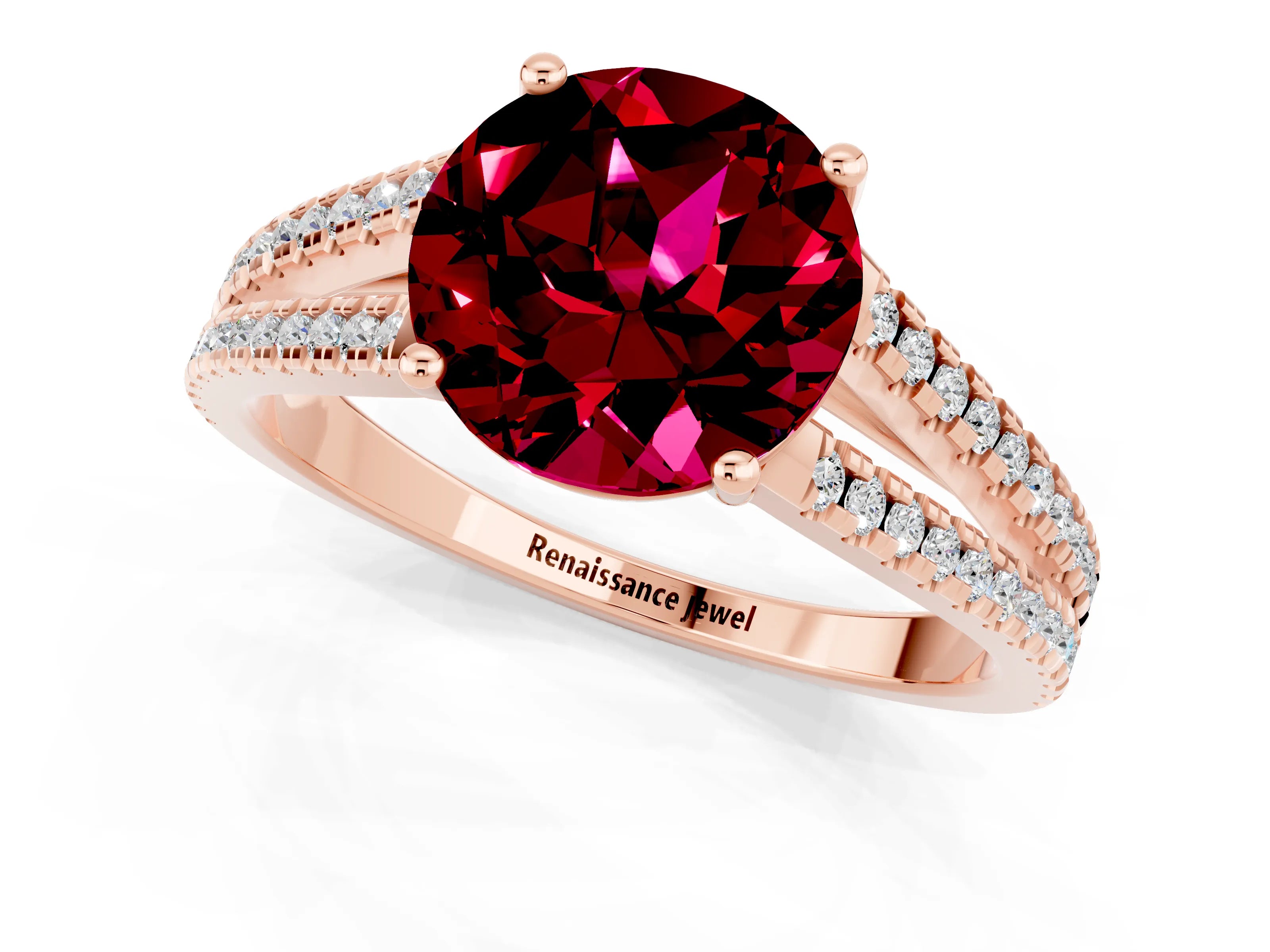 Rose gold Round Cut Garnet Solitaire Engagement Ring with Split Shank Pavé Band_1