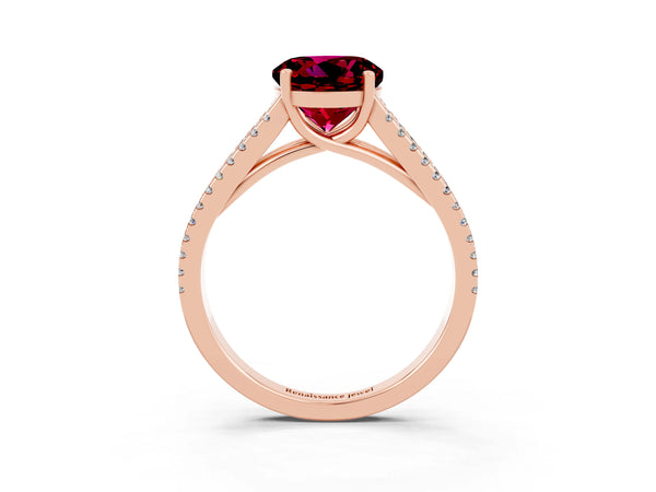 Rose gold Round Cut Garnet Solitaire Engagement Ring with Split Shank Pavé Band
