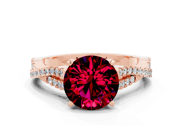 Rose gold Round Cut Garnet Solitaire Engagement Ring with Twisted Pavé Band and Four-Prong Setting
