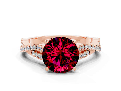 Rose gold Round Cut Garnet Solitaire Engagement Ring with Twisted Pavé Band and Four-Prong Setting_12