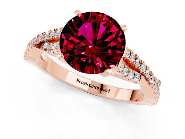 Rose gold Round Cut Garnet Solitaire Engagement Ring with Twisted Pavé Band and Four-Prong Setting