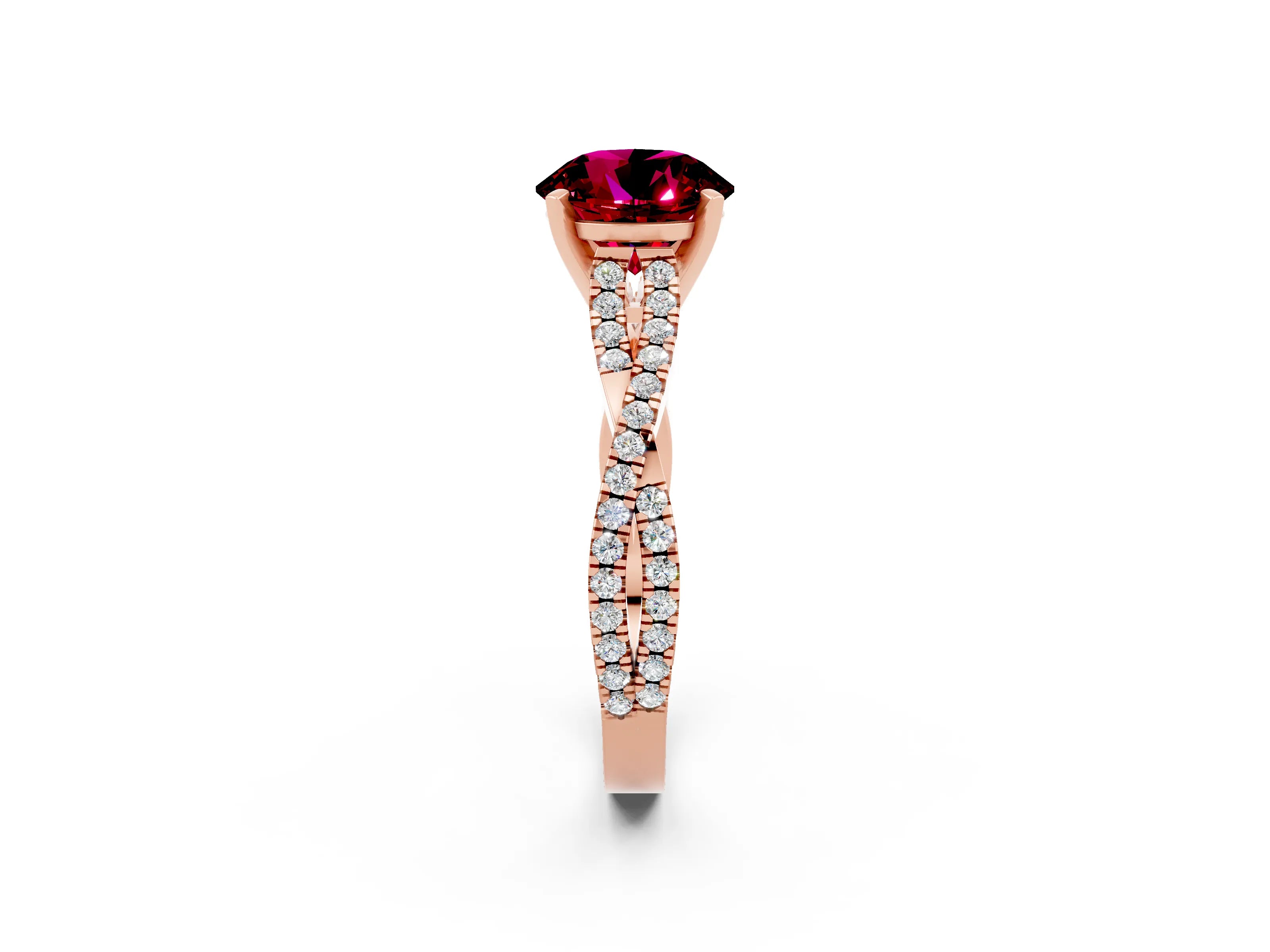 Rose gold Round Cut Garnet Solitaire Engagement Ring with Twisted Pavé Band and Four-Prong Setting_14