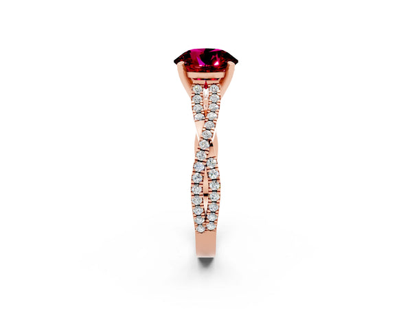 Rose gold Round Cut Garnet Solitaire Engagement Ring with Twisted Pavé Band and Four-Prong Setting