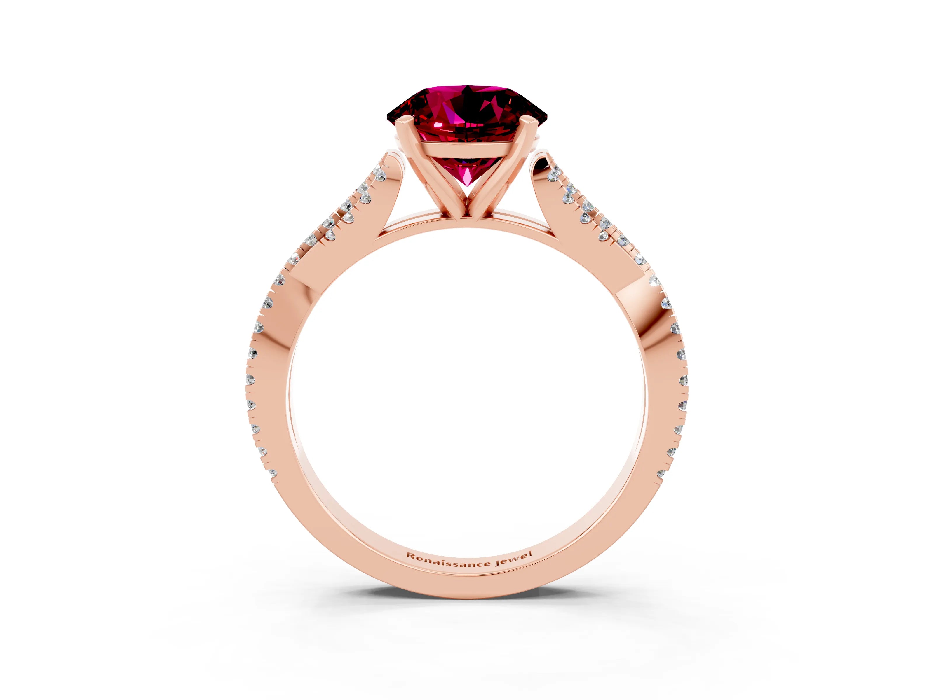 Rose gold Round Cut Garnet Solitaire Engagement Ring with Twisted Pavé Band and Four-Prong Setting_15