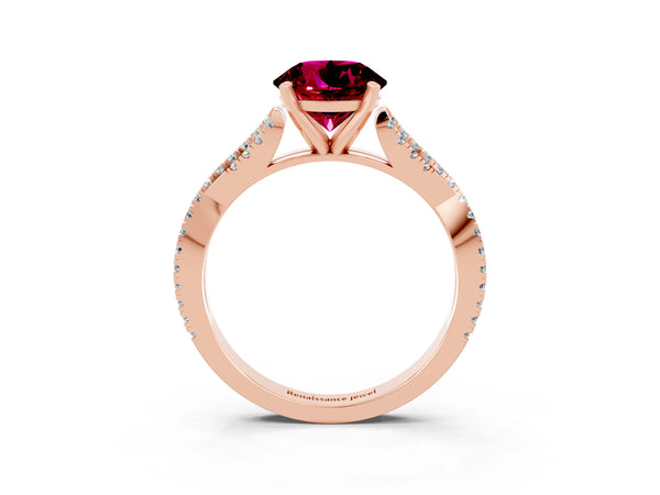 Rose gold Round Cut Garnet Solitaire Engagement Ring with Twisted Pavé Band and Four-Prong Setting
