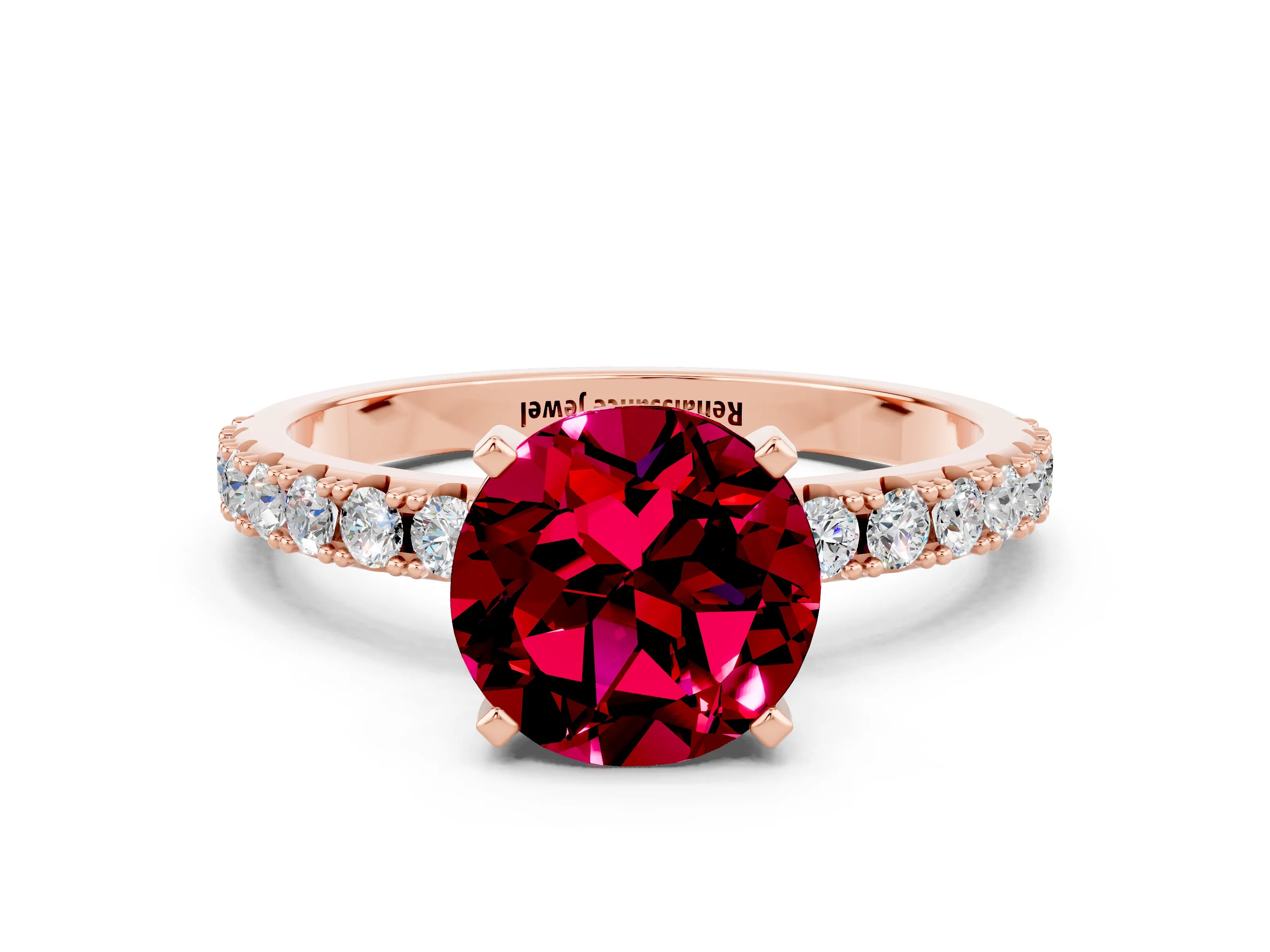 Rose gold Round Cut Garnet Solitaire Pavé Band with Four-Prong Setting