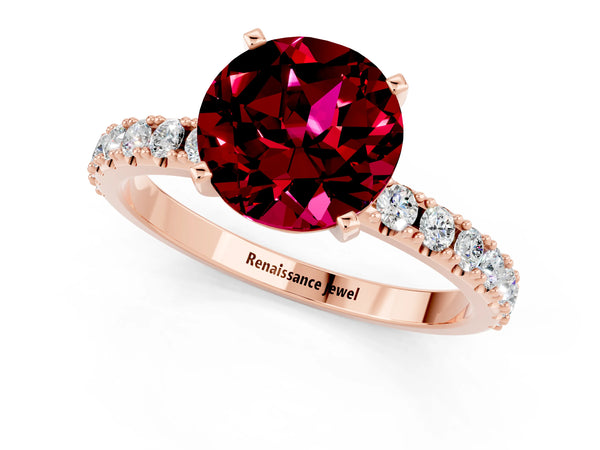 Rose gold Round Cut Garnet Solitaire Pavé Band with Four-Prong Setting
