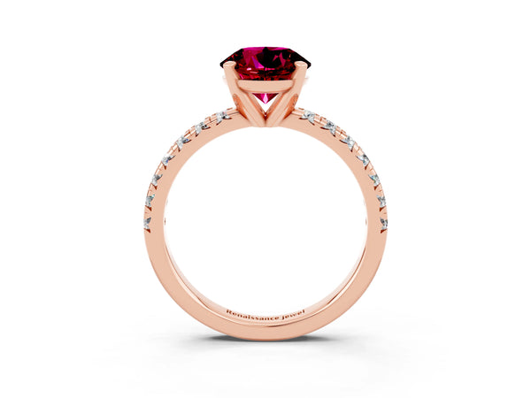 Rose gold Round Cut Garnet Solitaire Pavé Engagement Ring with Round Band and Prong Setting