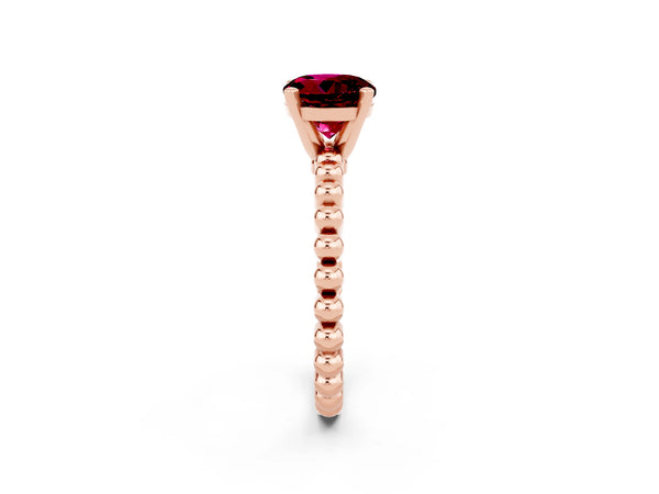 Rose gold Round Cut Garnet Solitaire Ring with Beaded Band and Prong Setting