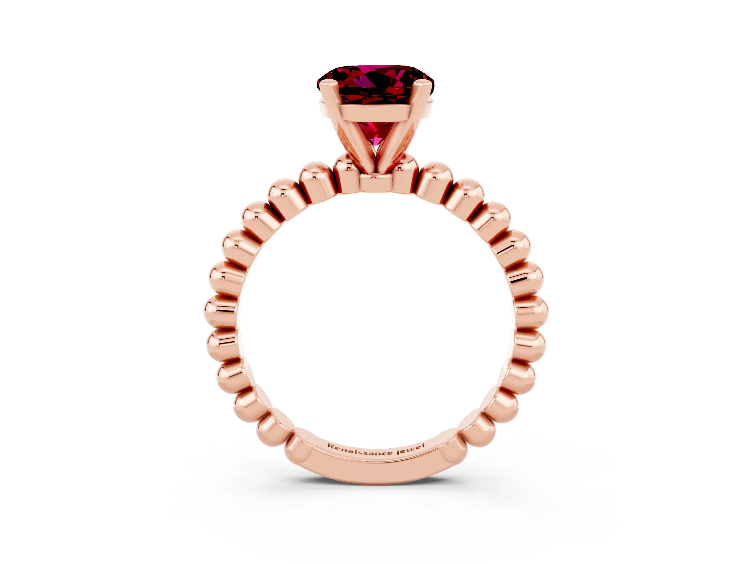 Rose gold Round Cut Garnet Solitaire Ring with Beaded Band and Prong Setting_3