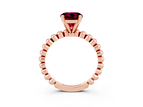 Rose gold Round Cut Garnet Solitaire Ring with Beaded Band and Prong Setting