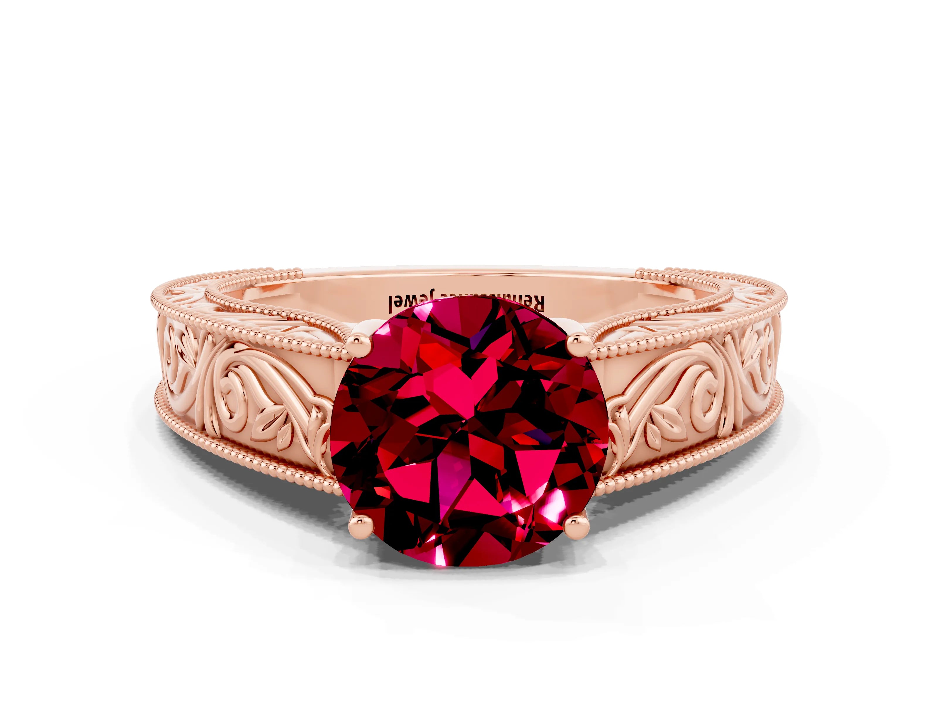 Rose gold Round Cut Garnet Solitaire Ring with Engraved Band and Four-Prong Setting