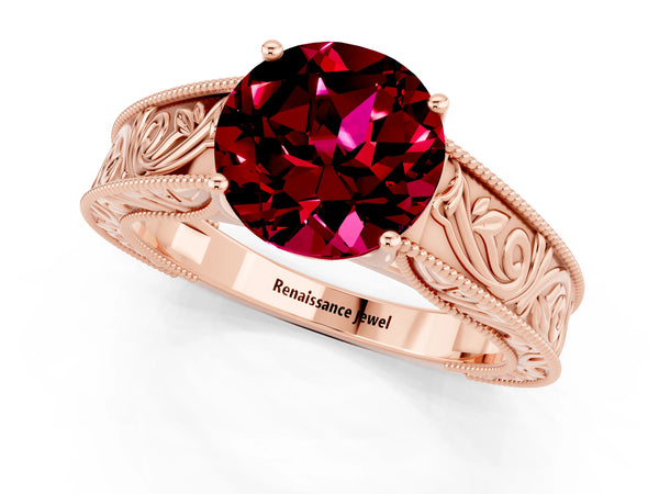 Rose gold Round Cut Garnet Solitaire Ring with Engraved Band and Four-Prong Setting