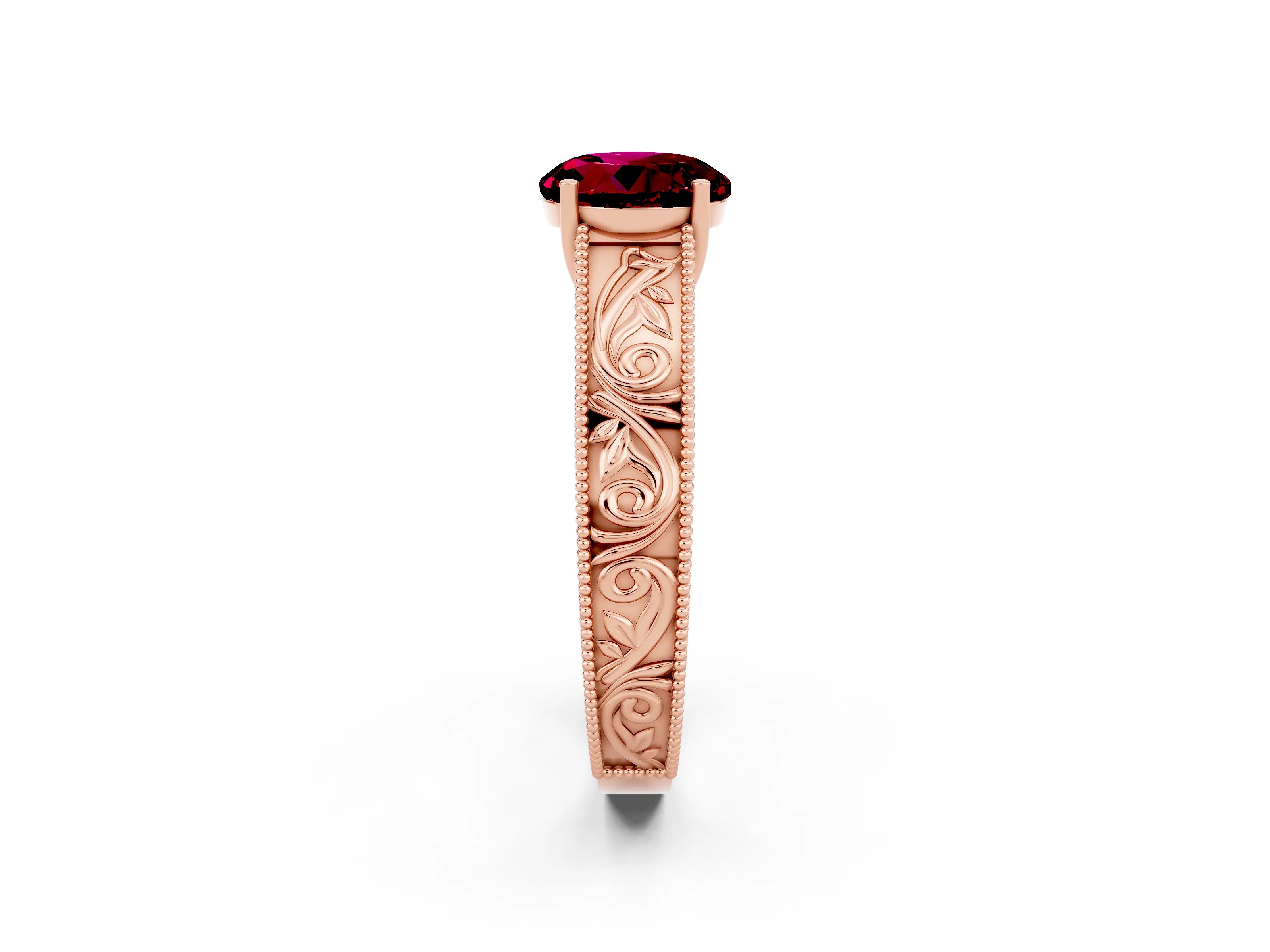 Rose gold Round Cut Garnet Solitaire Ring with Engraved Band and Four-Prong Setting_2