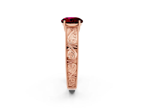 Rose gold Round Cut Garnet Solitaire Ring with Engraved Band and Four-Prong Setting_2