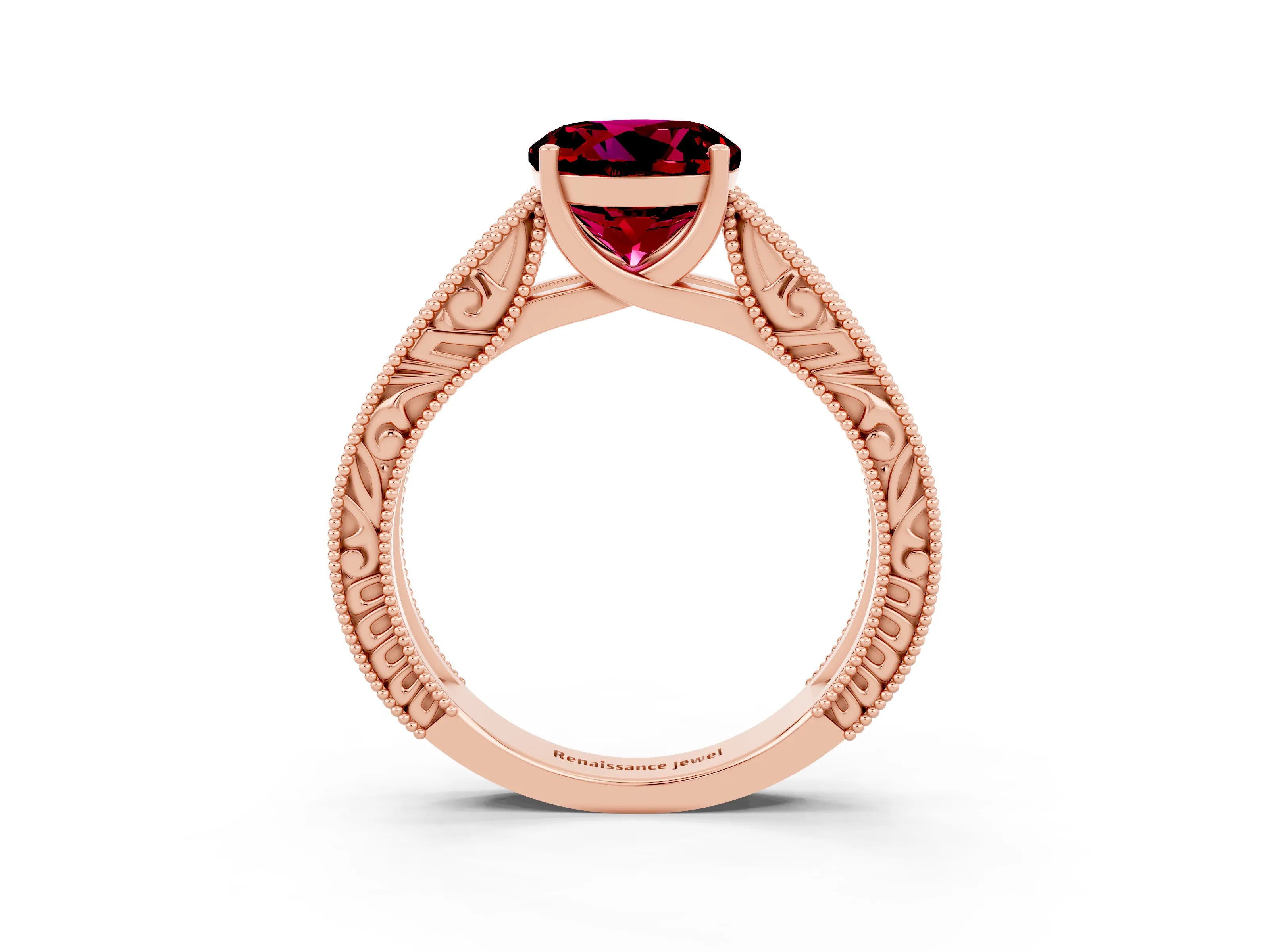 Rose gold Round Cut Garnet Solitaire Ring with Engraved Band and Four-Prong Setting_3