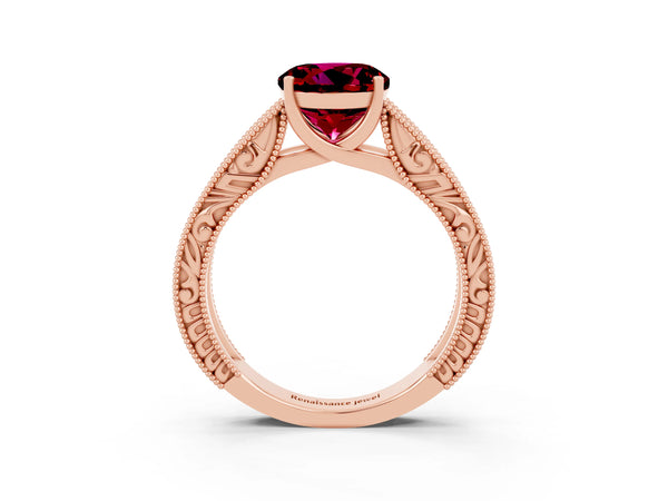 Rose gold Round Cut Garnet Solitaire Ring with Engraved Band and Four-Prong Setting