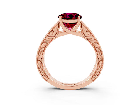 Rose gold Round Cut Garnet Solitaire Ring with Engraved Band and Four-Prong Setting_3