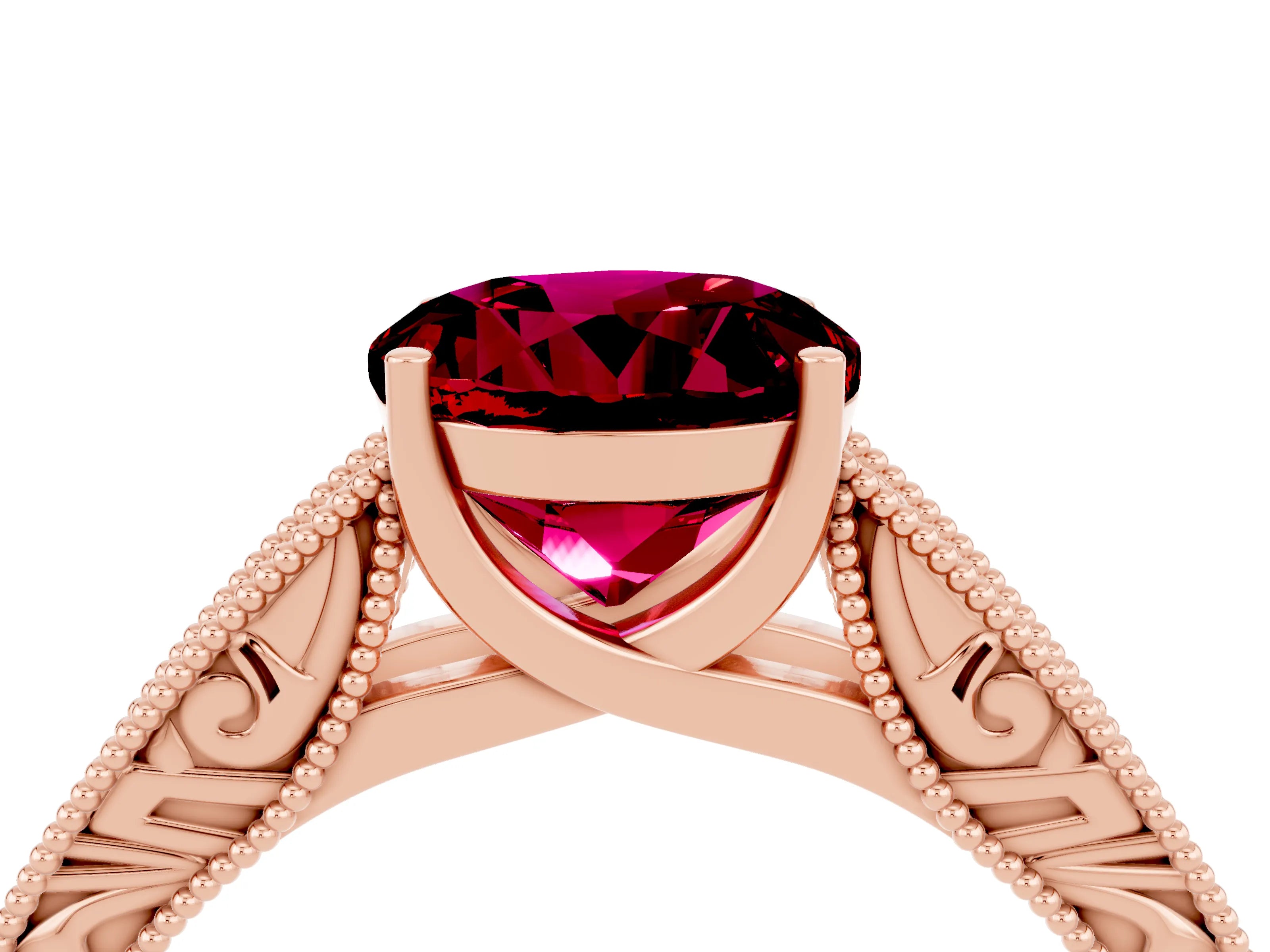 Rose gold Round Cut Garnet Solitaire Ring with Engraved Band and Four-Prong Setting_4