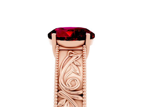 Rose gold Round Cut Garnet Solitaire Ring with Engraved Band and Four-Prong Setting_5