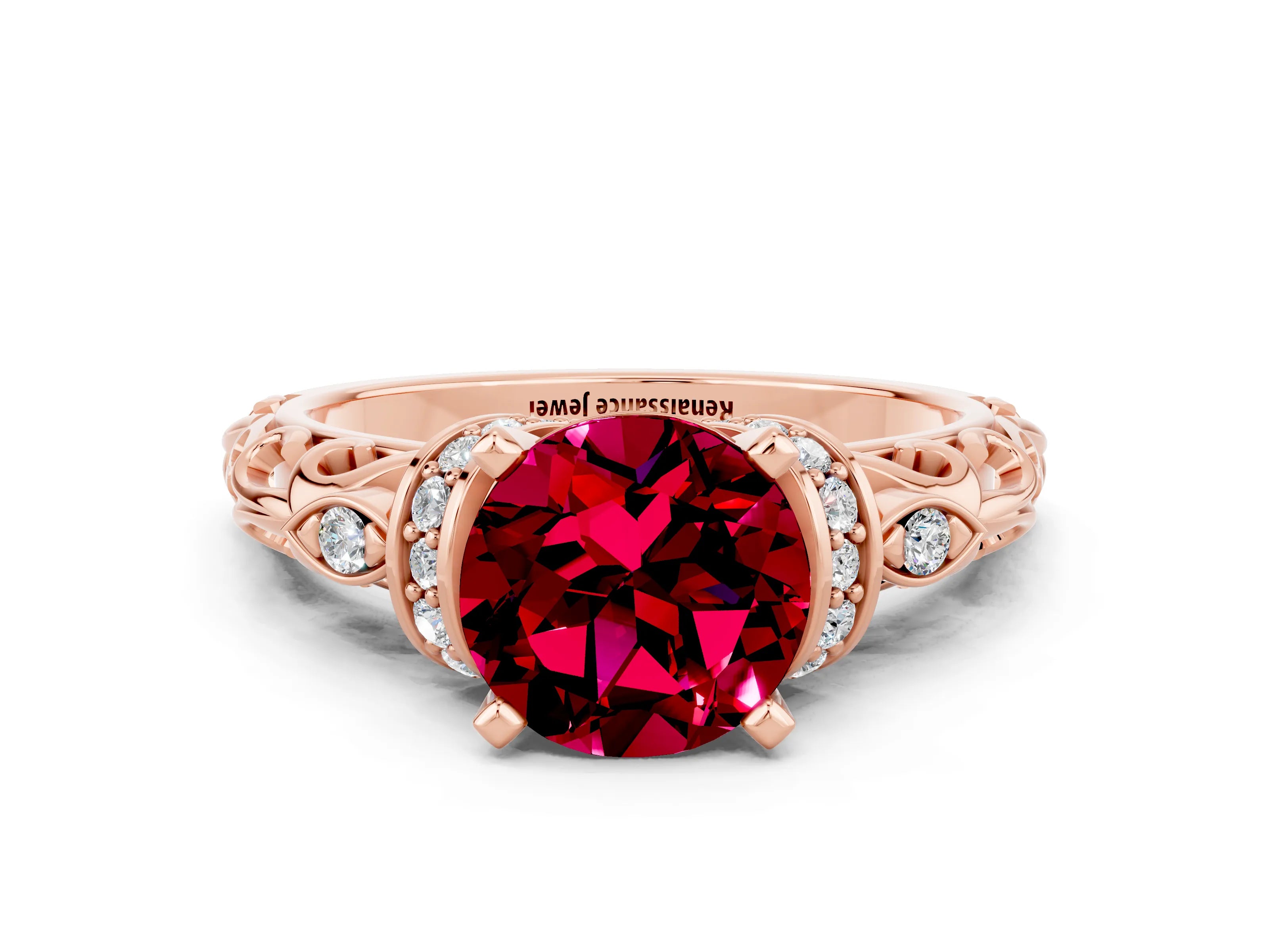 Rose gold Round Cut Garnet Solitaire Ring with Filigree Band and Four-Prong Setting_24