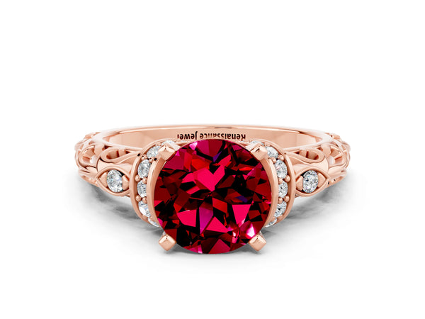 Rose gold Round Cut Garnet Solitaire Ring with Filigree Band and Four-Prong Setting