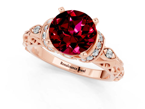 Rose gold Round Cut Garnet Solitaire Ring with Filigree Band and Four-Prong Setting_25