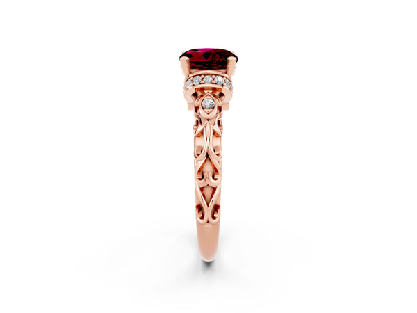 Rose gold Round Cut Garnet Solitaire Ring with Filigree Band and Four-Prong Setting
