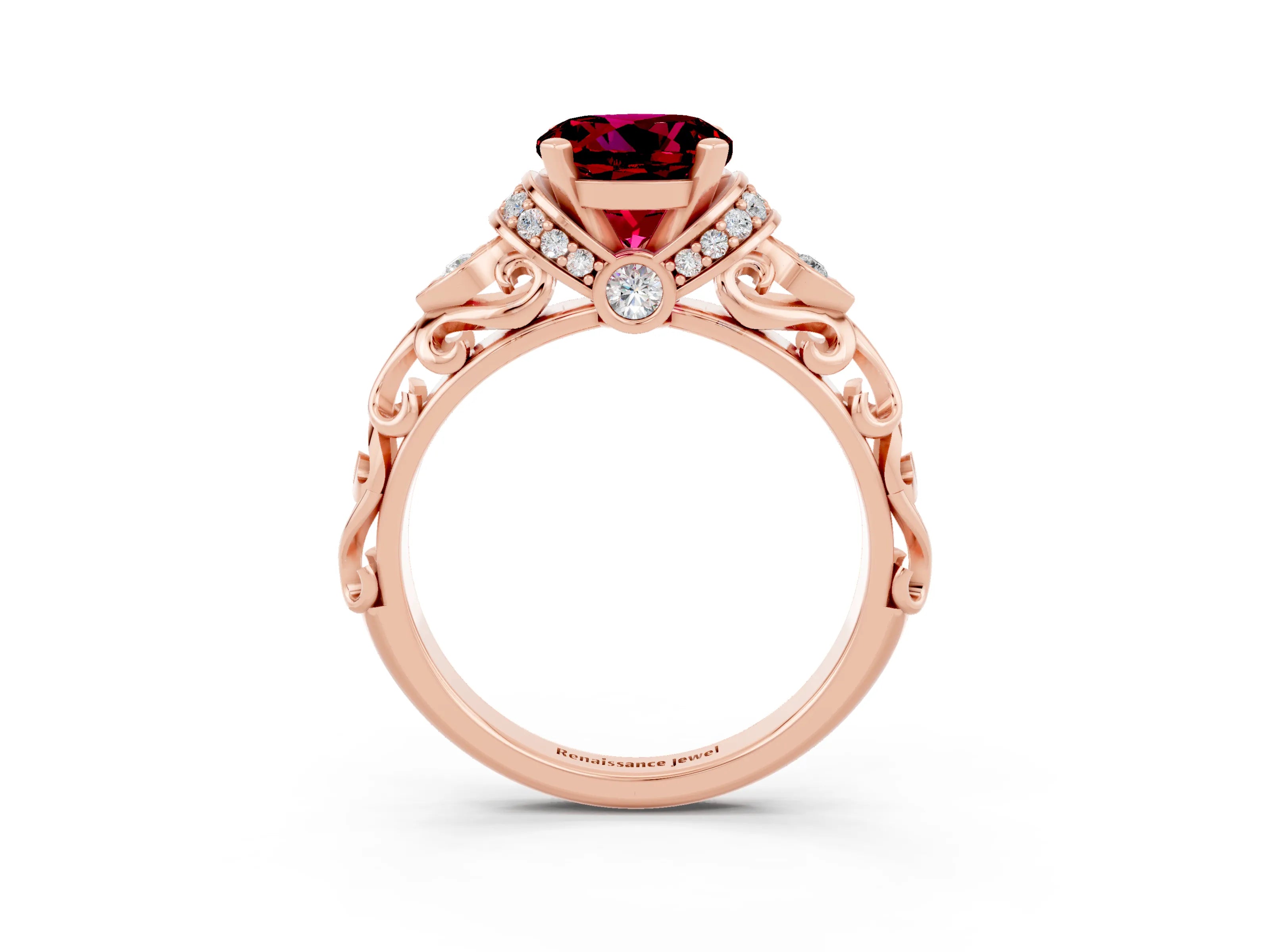 Rose gold Round Cut Garnet Solitaire Ring with Filigree Band and Four-Prong Setting_27