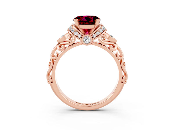 Rose gold Round Cut Garnet Solitaire Ring with Filigree Band and Four-Prong Setting