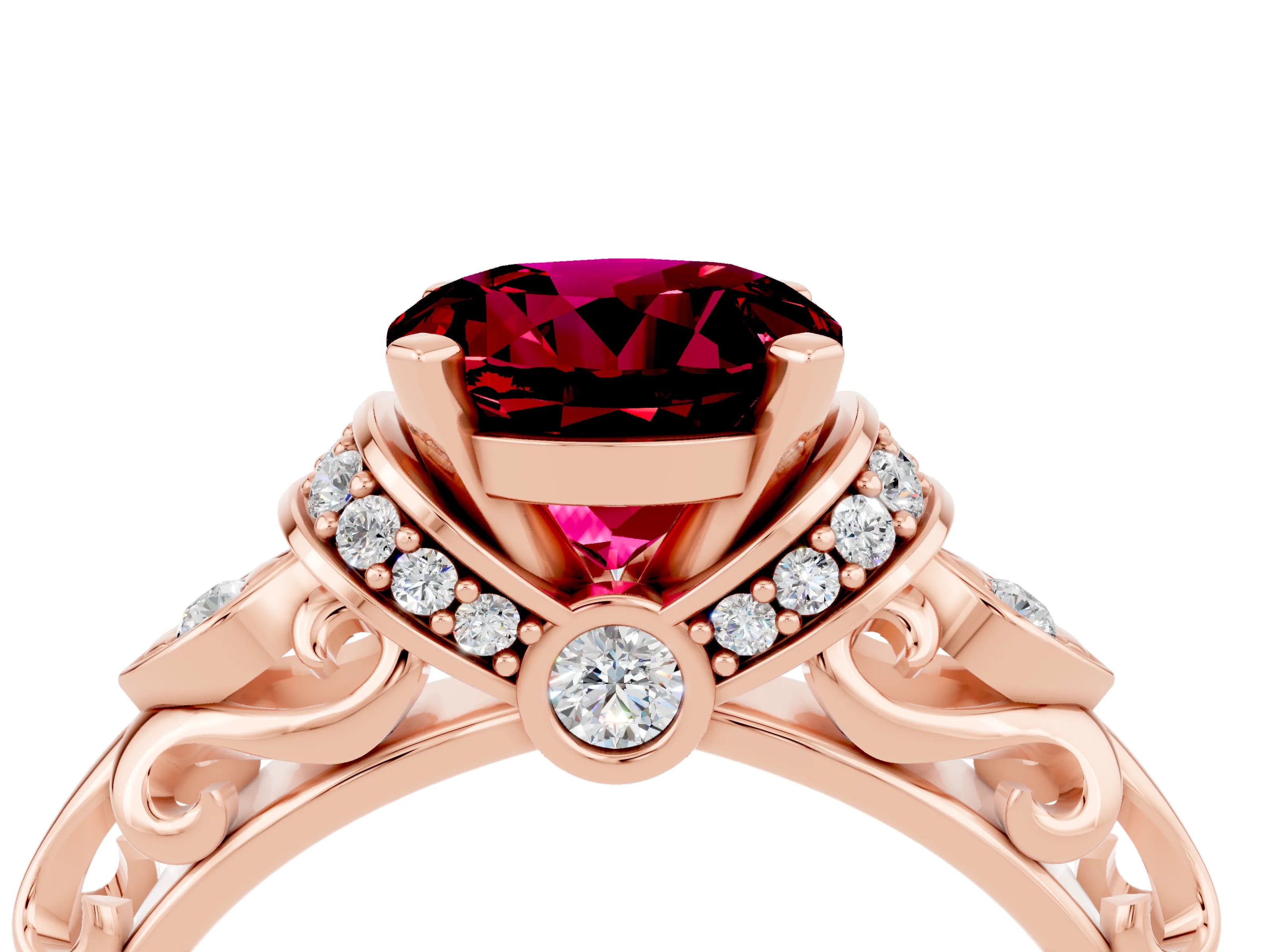 Rose gold Round Cut Garnet Solitaire Ring with Filigree Band and Four-Prong Setting_28