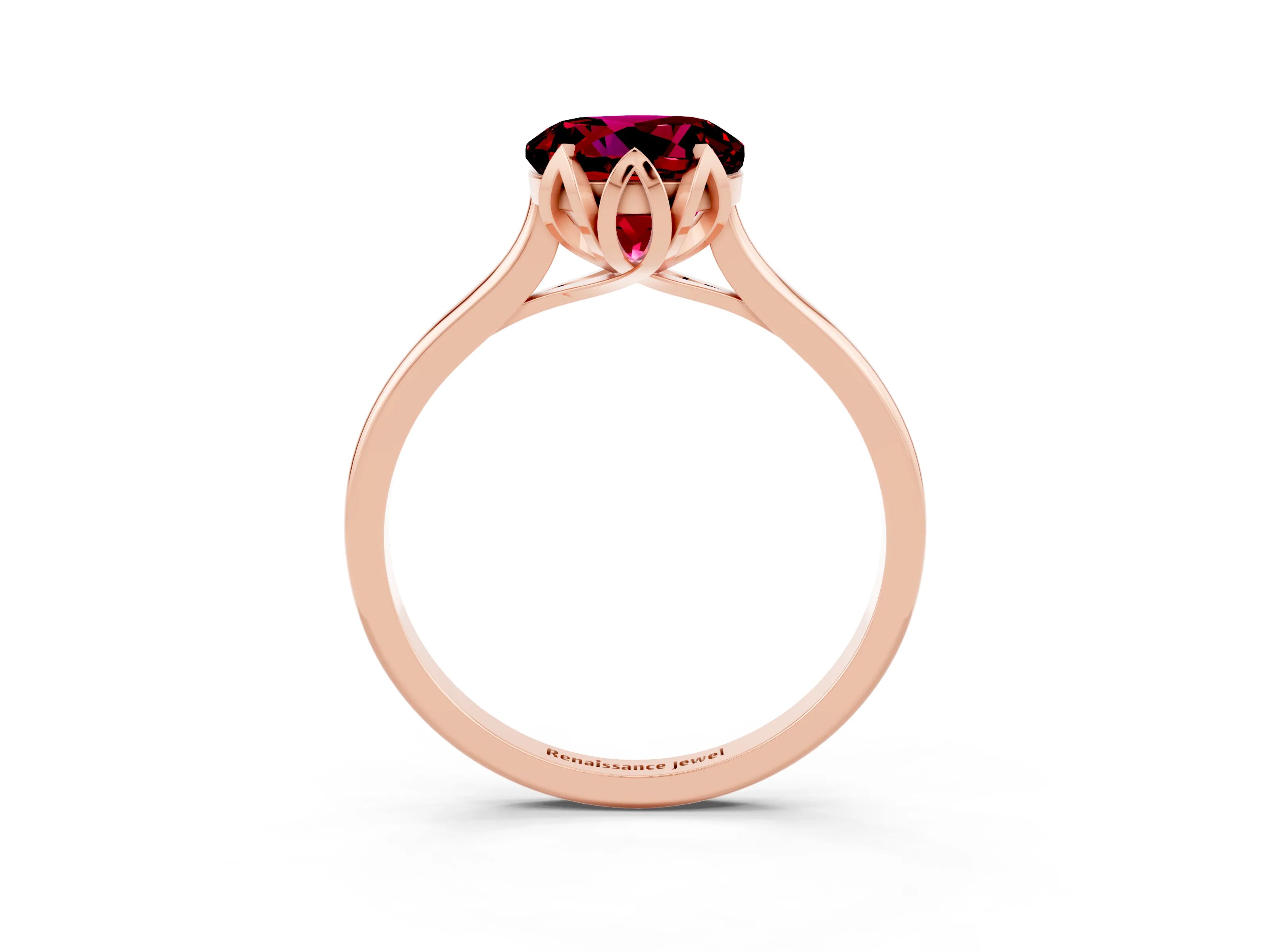 Rose gold Round Cut Garnet Solitaire Ring with Flower Prong Setting and Classic Band_15