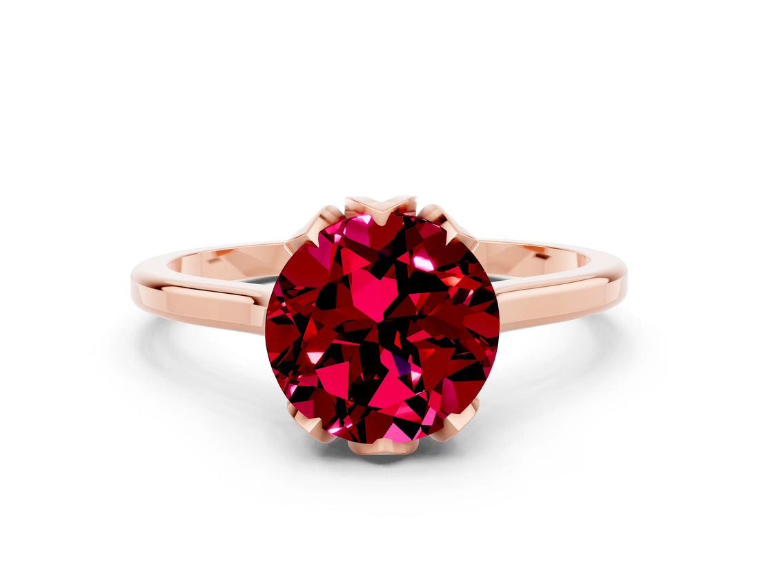 Rose gold Round Cut Garnet Solitaire Ring with Flower Prong Setting and Classic Band_36