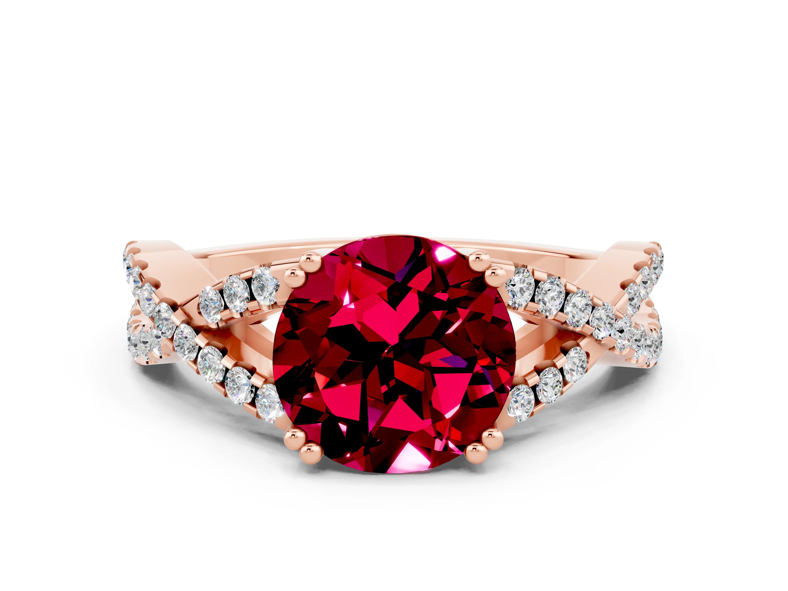 Rose gold Round Cut Garnet Solitaire Ring with Four-Prong Setting and Twisted Pavé Band