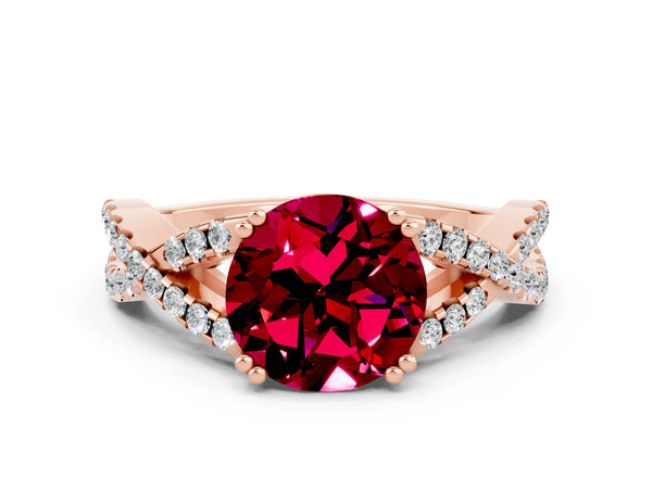 Rose gold Round Cut Garnet Solitaire Ring with Four-Prong Setting and Twisted Pavé Band