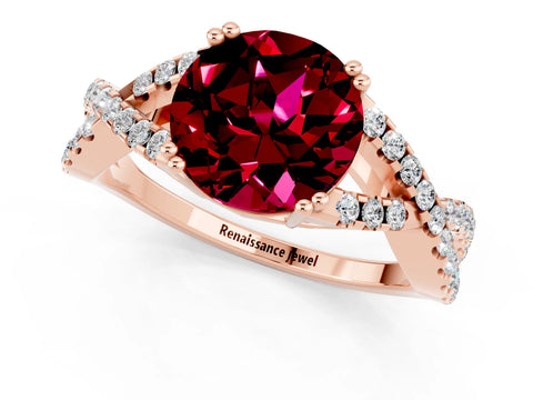 Rose gold Round Cut Garnet Solitaire Ring with Four-Prong Setting and Twisted Pavé Band_1
