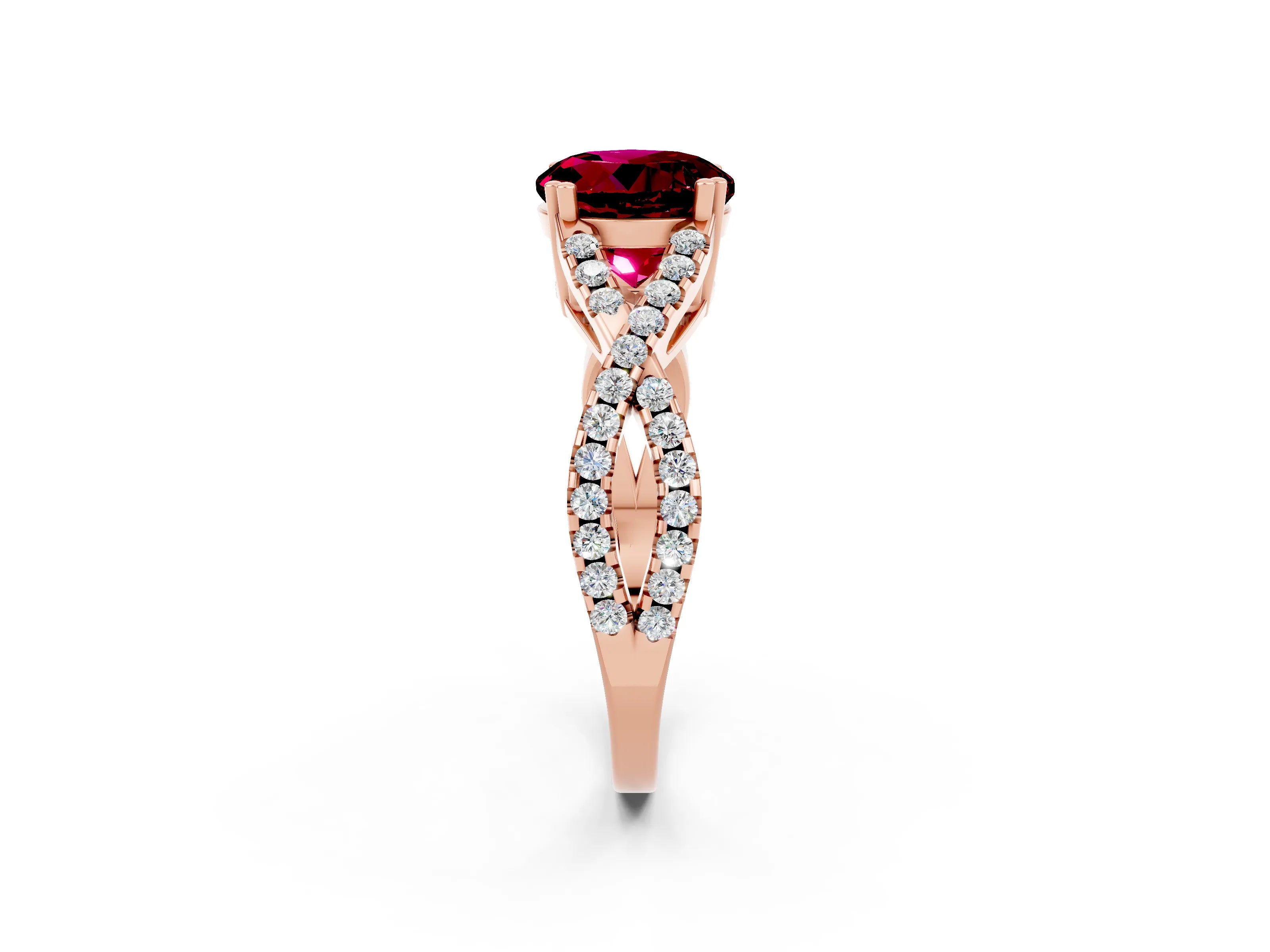 Rose gold Round Cut Garnet Solitaire Ring with Four-Prong Setting and Twisted Pavé Band_2