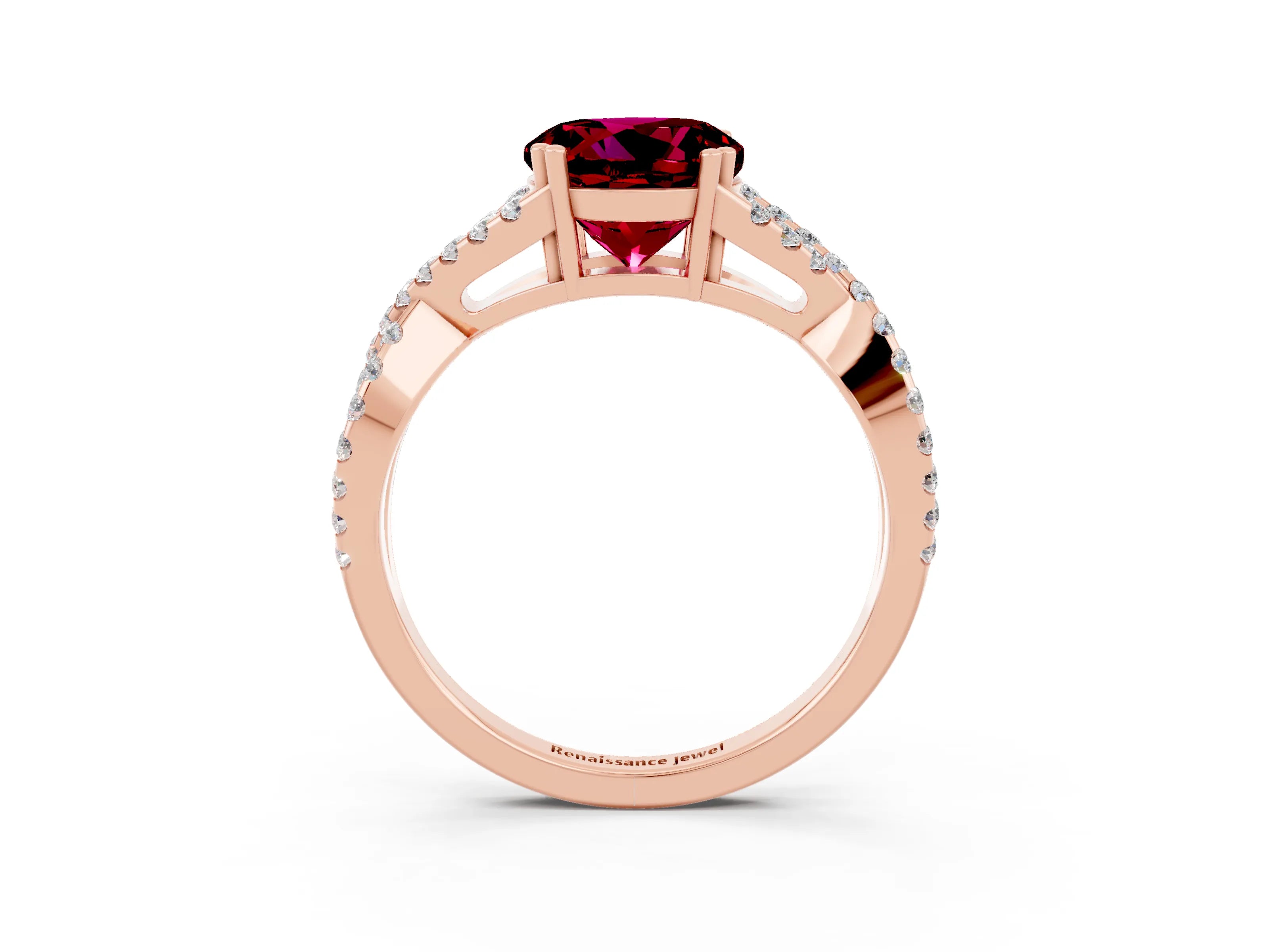 Rose gold Round Cut Garnet Solitaire Ring with Four-Prong Setting and Twisted Pavé Band_3