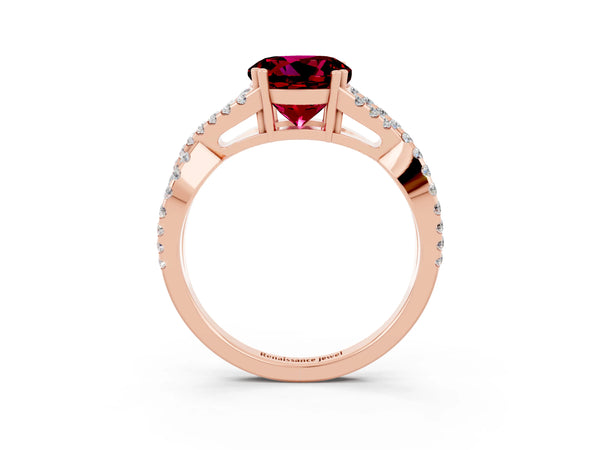 Rose gold Round Cut Garnet Solitaire Ring with Four-Prong Setting and Twisted Pavé Band