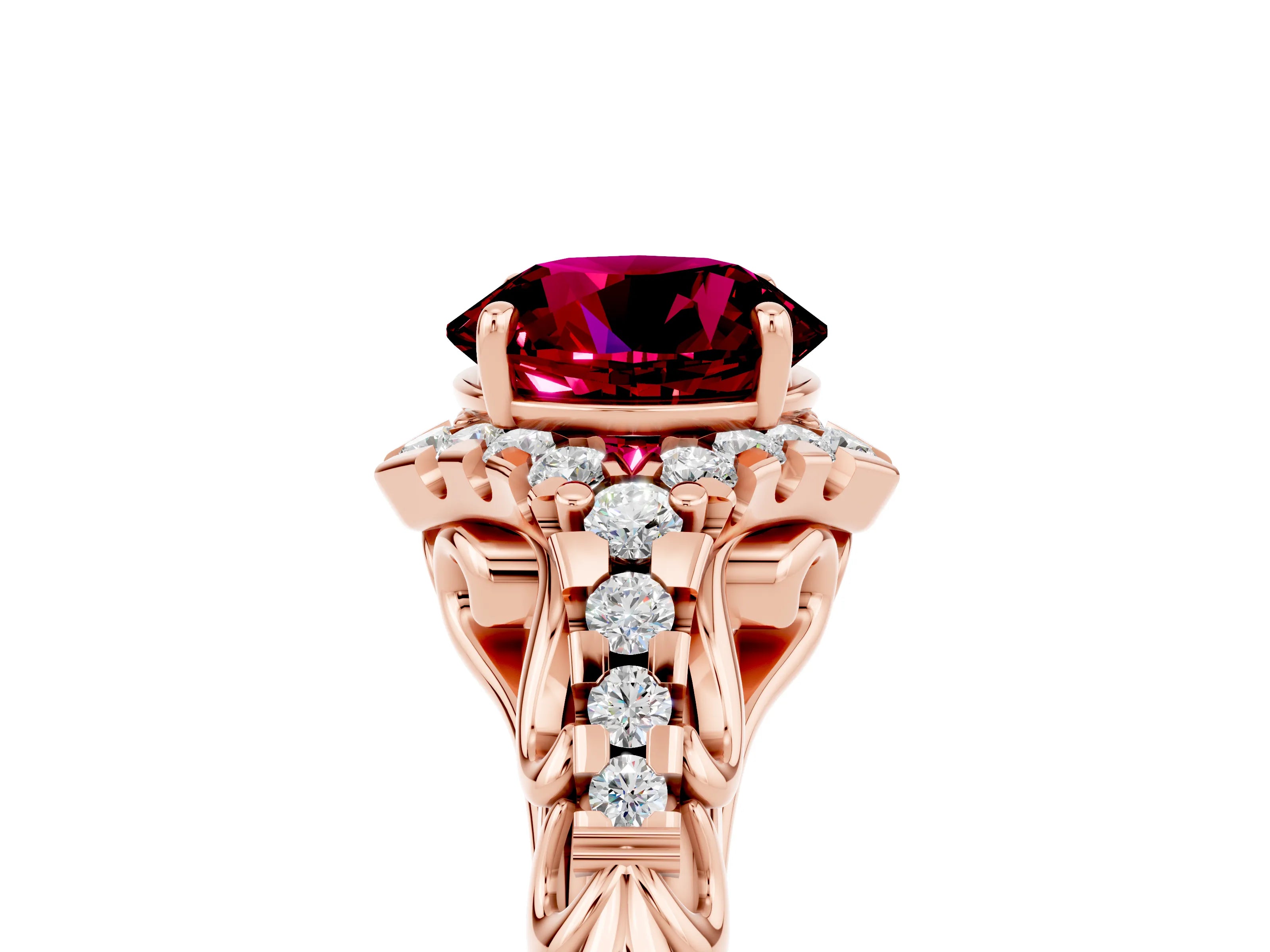 Rose gold Round Cut Garnet Solitaire Ring with Hidden Halo and Pavé Band_17